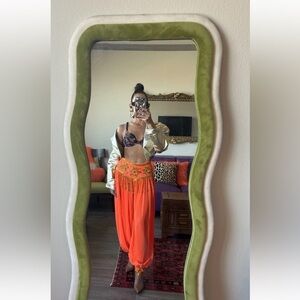 VTG Neon Orange Belly Dance Harem Pants Gold Beaded Fringe Costume Festival XS/S